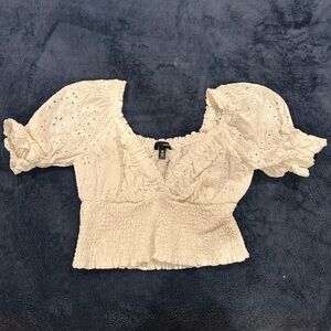 Aqua Cream Eyelet Puff Sleeve Cropped Peasant Blouse